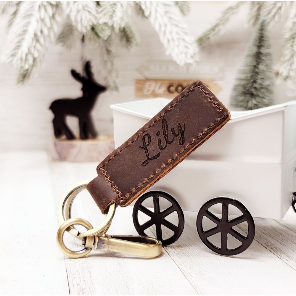 Personalized Genuine Crazy Horse Leather Keychain - Espresso